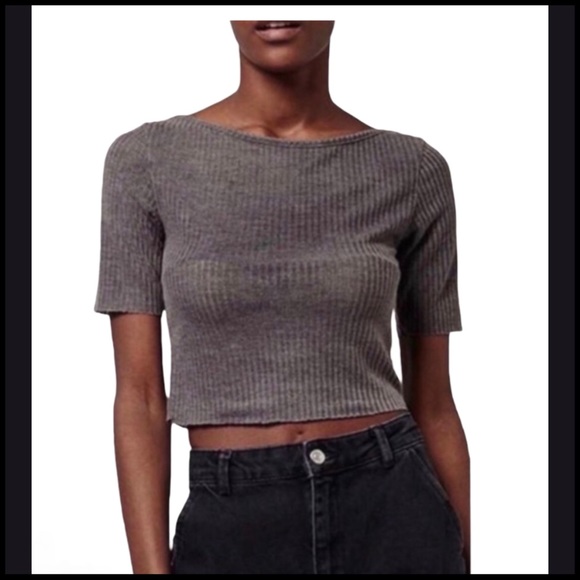 TOPSHOP NWT SLASH RIBBED CROP TEE GREY SZ 6 - Picture 3 of 14